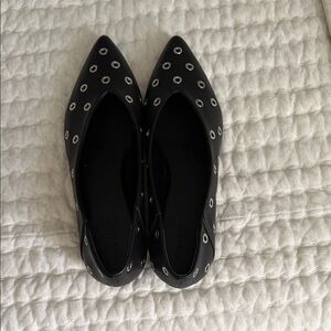 New OPEN EDIT Pointed Black Ballet Flats with Silver Grommet Details